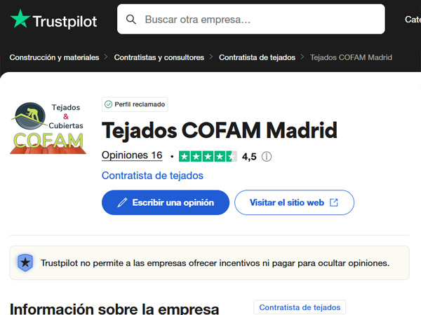 Tejados Cofam madrid Opiniones Trustpilot